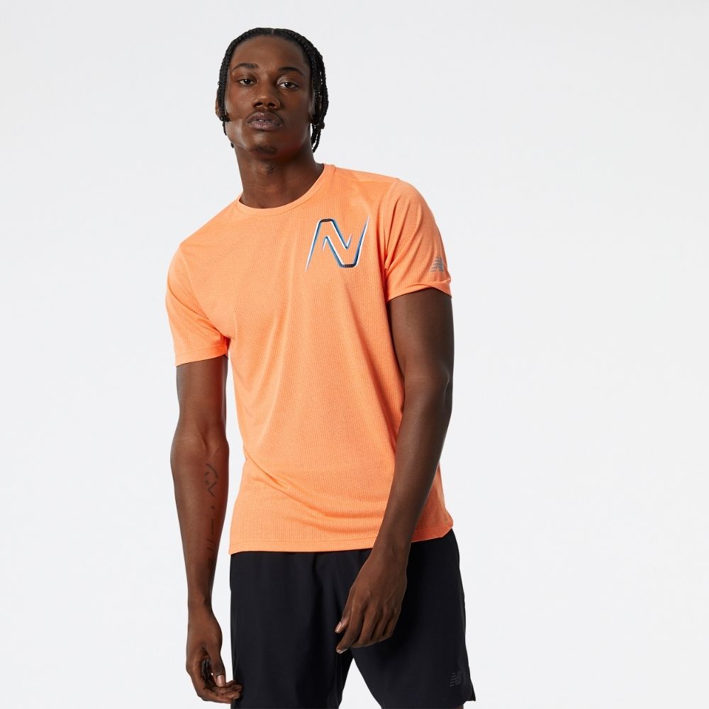 New Balance Men's Graphic Impact Run Short Sleeve Men's Tops - BlackToe Running#colour_vibrant-orange-heather