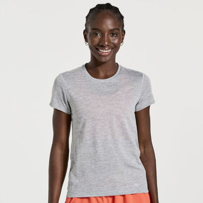 Saucony Women's Re-Imagined Stopwatch Short Sleeve Women's Tops - BlackToe Running#colour_light-grey-heather
