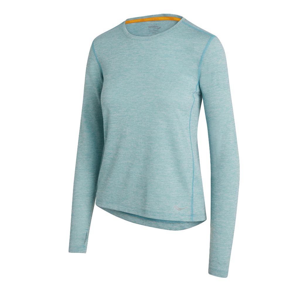 Saucony Women's Stopwatch Long Sleeve - BlackToe Running#colour_rainfall-heather