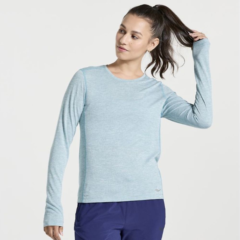 Saucony Women's Stopwatch Long Sleeve - BlackToe Running#colour_rainfall-heather
