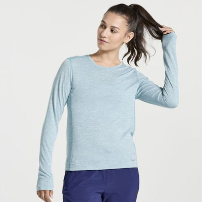 Saucony Women's Stopwatch Long Sleeve - BlackToe Running#colour_rainfall-heather