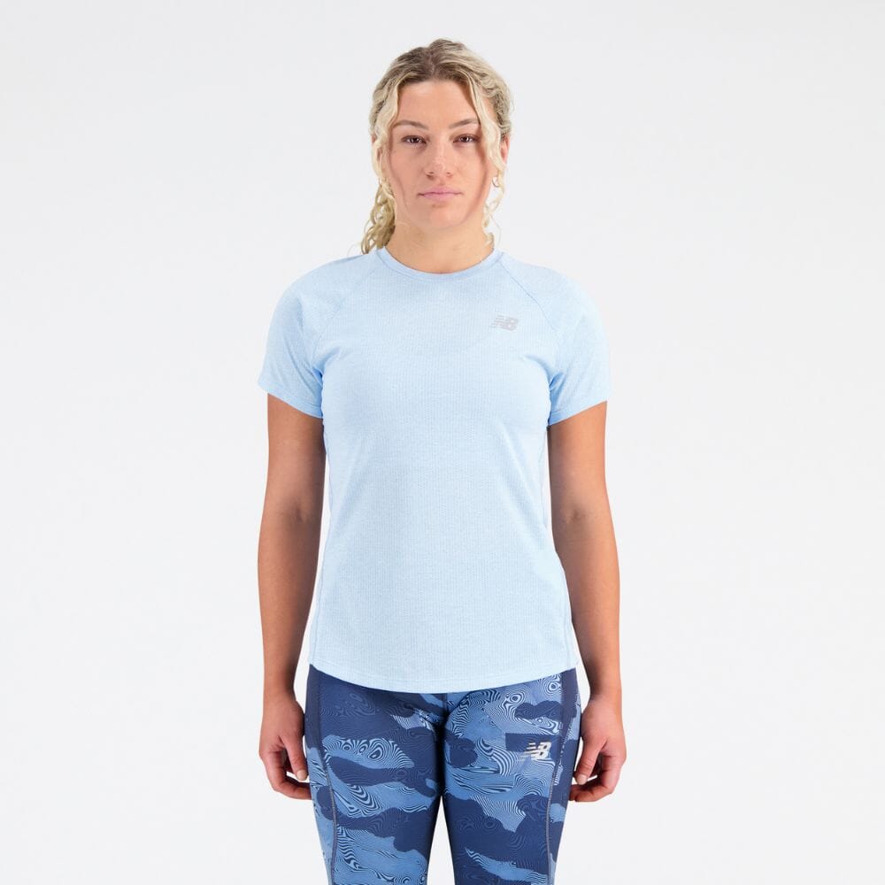New Balance Women's ICEx Impact Run Short Sleeve Women's Tops - BlackToe Running#colour_blue-haze-heather