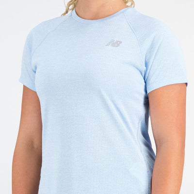 New Balance Women's ICEx Impact Run Short Sleeve Women's Tops - BlackToe Running#colour_blue-haze-heather