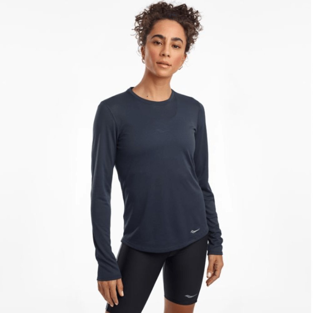 Saucony Women's Stopwatch Long Sleeve Women's Tops - BlackToe Running - XS#colour_blue-nights