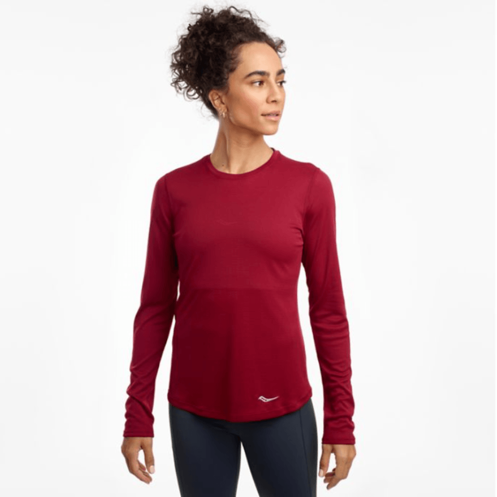 Saucony Women's Stopwatch Long Sleeve Women's Tops - BlackToe Running - XS#colour_rhubarb