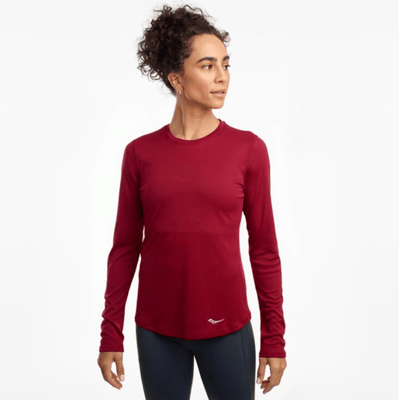 Saucony Women's Stopwatch Long Sleeve Women's Tops - BlackToe Running - XS#colour_rhubarb